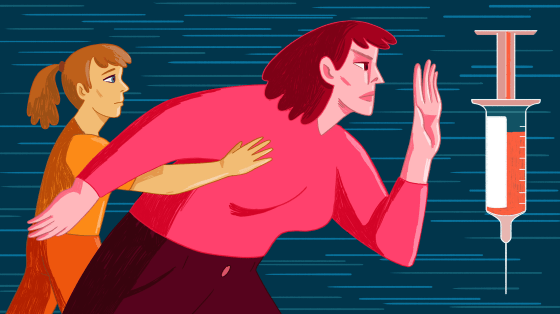 Illustration of a mom shielding daughter from a HPV vaccine.