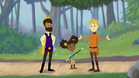 Image: Prince Andrew, Nia, and Sir Cedric in a scene from the children's series \"The Bravest Knight.\"