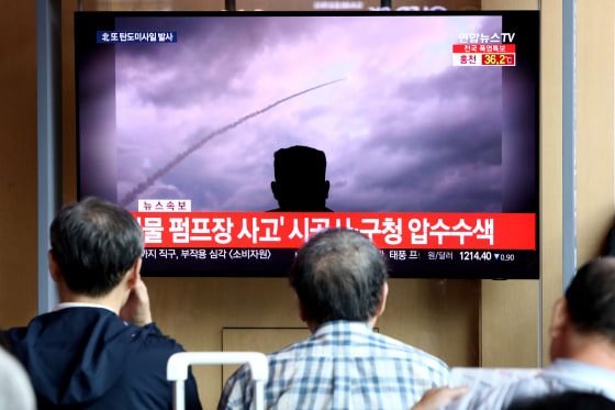Image: People watch a TV showing a file image of a North Korea's missile launch at the Seoul Railway Station on Aug. 6, 2019 in Seoul, South Korea.