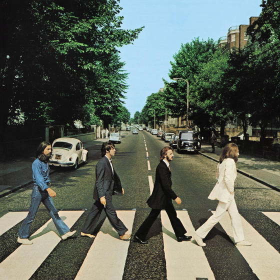 Image: Members of the Beatles, George Harrison, Paul McCartney, Ringo Starr, John Lennon, cross Abbey Road in London