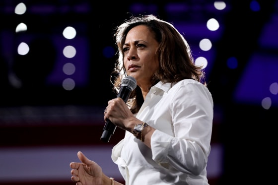 Image: Sen. Kamala Harris, D-Calif., speaks at the Presidential Gun Sense Forum in Des Moines, Iowa, on Aug. 10, 2019.