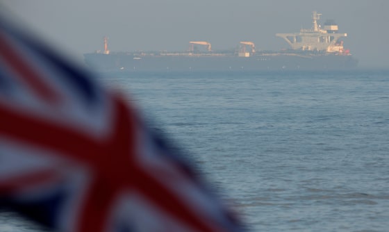 Image: The Iranian oil tanker Grace 1 sits anchored after it was seized in July by British Royal Marines off the coast of the British Mediterranean territory on suspicion of violating sanctions against Syria, in the Strait of Gibraltar