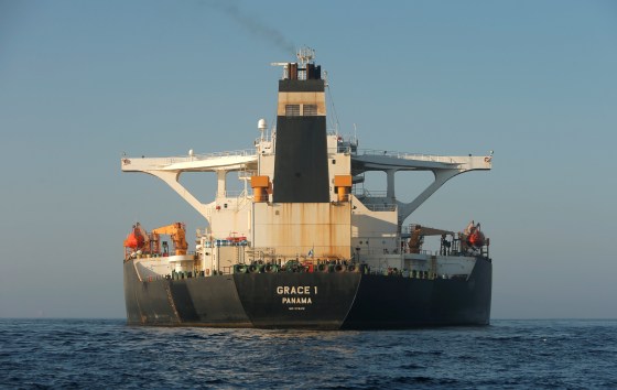Image: Iranian oil tanker Grace 1 sits anchored after it was seized in July by British Royal Marines off the coast of the British Mediterranean territory, in the Strait of Gibraltar
