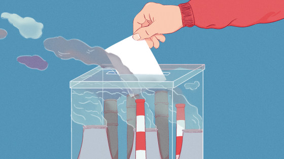 Illustration of hand casting ballot in a ballot box with smoke stacks inside.