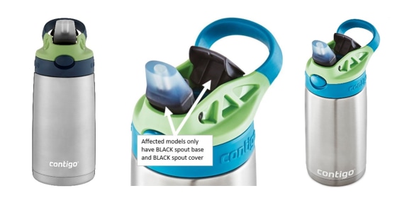 The Contigo Kids Cleanable Water Bottle's clear silicone spout can detach, posing a choking hazard to children.