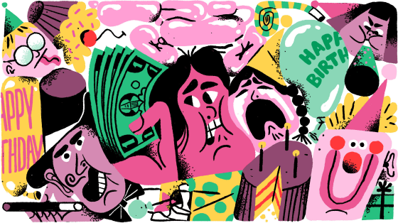 Illustration of stressed out mother and wailing children with birthday supplies surrounding them.