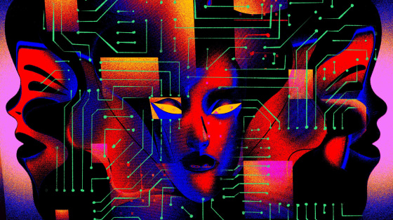 Illustration of human profiles and a cyborg-looking face.