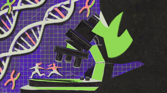 Illustration of scientist looking through microscope at two women, rainbow genes decorate the background.