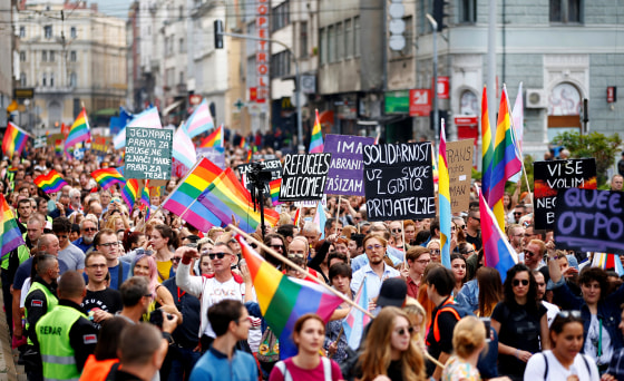Image: People march in Bosnia's Pride Parade in Sarajevo on Sept. 8, 2019.