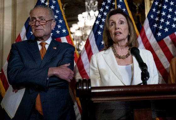 Image: Senate Minority Leader Chuck Schumer and Speaker of the House Nancy Pelosi call for a vote on the House-passed Bipartisan Background Checks Act at the Capitol on Sept. 9, 2019.