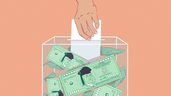 Illustration of hand casting ballot inside of ballot box full of 100 dollar bills. Benjamin Franklin, on the bills, is wearing a graduation cap.