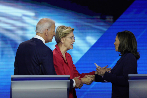 Image: From left, Democratic presidential candidates former Vice President Joe Biden, Sen. Elizabeth Warren, D-Mass., and Sen. Kamala Harris, D-Calif.