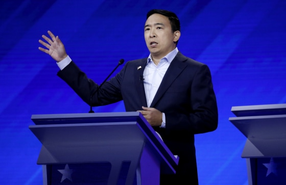 Image: Andrew Yang speaks at the Democratic presidential debate in Houston, Texas, on Sept. 12, 2019.