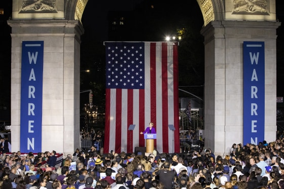Image: 2020 Democratic presidential candidate Sen. Elizabeth Warren (D-MA) speaks during a rally in Washington Square Park o