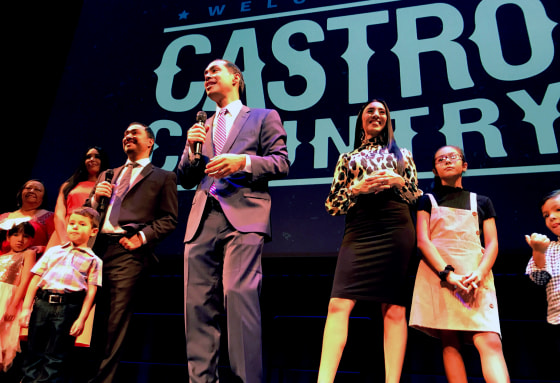 Image: Democratic presidential candidate Juli?n Castro and his twin brother U.S. Rep. Joaqu?n Castro celebrate their 45th birthday with their families and San Antonio supporters on Sept. 16, 2019 at Tobin Performing Arts Center.