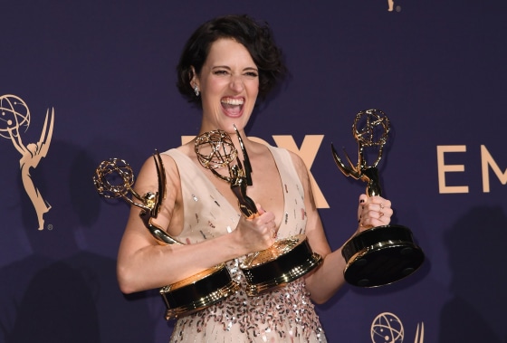Image: British actress Phoebe Waller-Bridge poses with the Emmy for Outstanding Writing for a Comedy Series, Outstanding Lead Actress In A Comedy Series and Outstanding Comedy Series for \"Fleabag\" during the 71st Emmy Awards at the Microsoft Theatre in Lo
