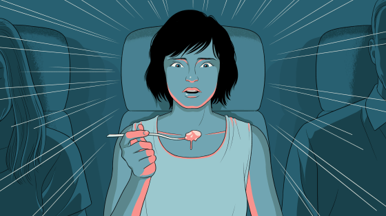 Illustration of shocked woman starting at spoonful of questionable food on an airplane.