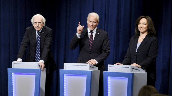 Image: Larry David, Woody Harrelson, and Maya Rudolph during a sketch on Saturday Night Live on Sept. 28, 2019.