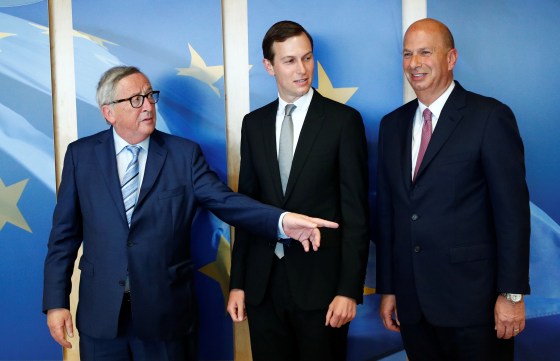 EU Commission President Juncker poses with White House senior adviser Kushner and U.S. Ambassador to the EU Sondland in Brussels