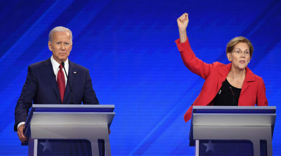Democratic presidential hopefuls former Vice President Joe Biden Sen. Elizabeth Warren participate in a debate in Houston on Sept. 12, 2019.