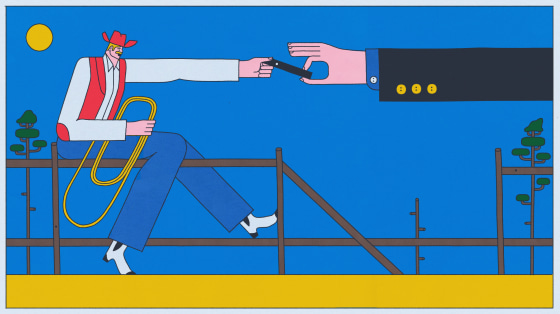 Illustration of hand removing a vape pen from a Marlboro man.