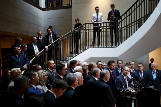Image: House Republicans gather for a news conference after Laura Cooper, the top Pentagon official overseeing U.S. policy regarding Ukraine, arrived for a closed door meeting on Capitol Hill on Oct. 23, 2019.