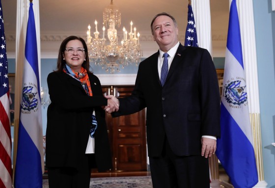 Image: Secretary of State Mike Pomepo shakes hands with El Salvadoran Foreign Minister Alexandra Hill at the State Department on Oct. 10, 2019.