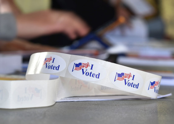 I Voted stickers at a polling station on the campus of the University of California, Irvine, on Nov. 6, 2018 in Irvine, Calif.