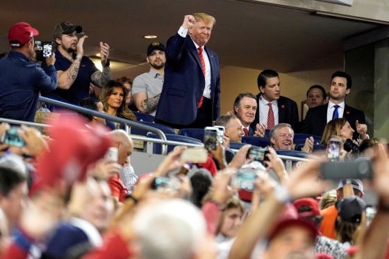 Image: U.S. President Donald Trump recognizes U.S. military personnel as the Washington Nationals and Houston Astros play in Game 5 of the World Series in Washington.