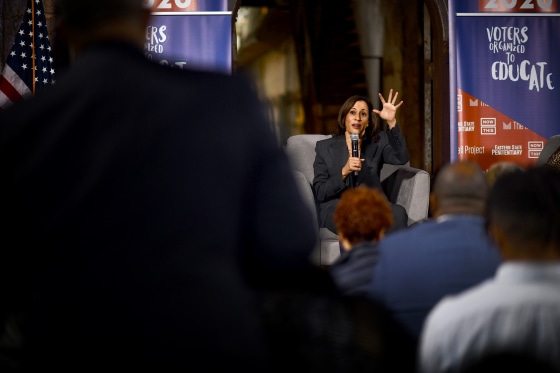 Image: Sen. Kamala Harris, D-Calif., speaks at a town hall in Philadelphia on Oct. 28, 2019.