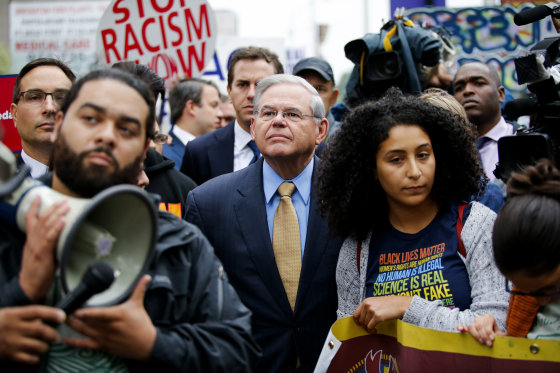 Image: Sen. Bob Menendez, D-NJ, joins immigration activists protesting the Trump administration's decision to end DACA in Newark on Sept. 6, 2017.