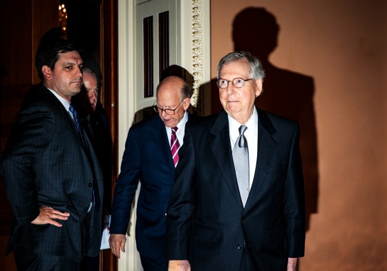 Image: Senate Majority Leader Mitch McConnell leaves a Republican policy lunch at the Capitol on June 26, 2018.