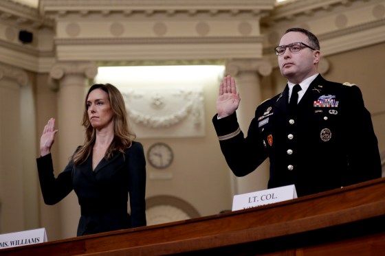 Image: Jennifer Williams, aide to Vice President Mike Pence, and Lt. Col. Alexander Vindman are sworn-in for testimony at an impeachment inquiry hearing on Nov. 19, 2019.