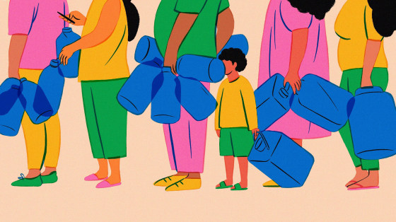 Illustration of people standing in line with bottles to get water.