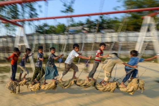 Image: Rohingya children play at a playground at Jamtola refugee camp in Ukhia o