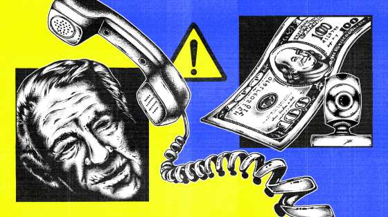 Illustration in a collage style of a older man's face, a phone, a caution sign, a webcam, and 100 dollar bill.