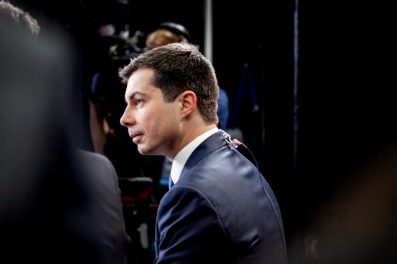 Image: Pete Buttigieg speaks with the media following a Democratic presidential debate in Los Angeles on Dec. 19, 2019.