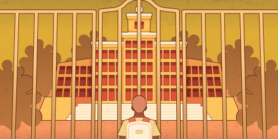 Illustration of young woman locked outside a college campus.