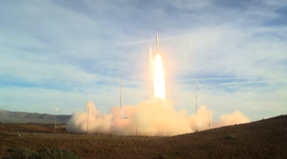Image: The U.S. Air Force tests a medium range ballistic missile from the Vandenberg Air Force Base near the Pacific Ocean on Dec. 12, 2019.