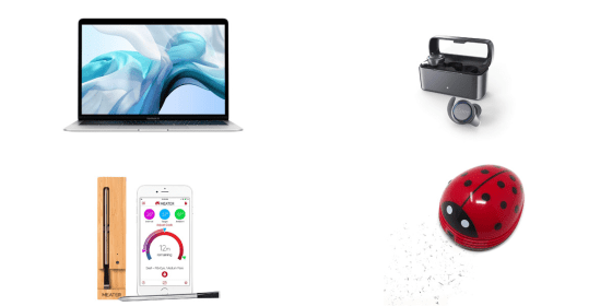 Image: Apple Macbook Air, 13-Inch; Cleer Ally Wireless Earbuds With Extended Battery Life; Honbay Ladybug Shaped Portable Corner Desk Vacuum; MEATER+165ft Long Range and Smart Wireless Meat Thermometer.