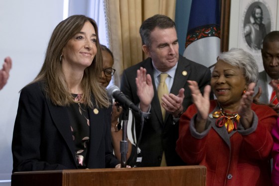 Image: Virginia House of Delegates speaker-designate Eileen Filler-Corn, left, speaks during remarks on the legislative agenda at the Capitol in Richmond on Jan. 7, 2020.