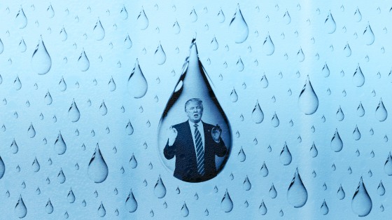 Illustration of water drops with a photo of Trump giving a speak in the largest water drop.