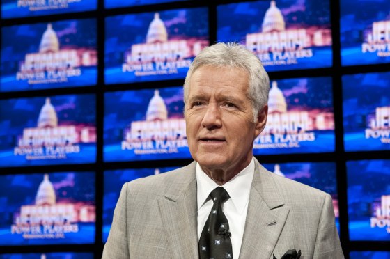 Image: Alex Trebek speaks during a rehearsal