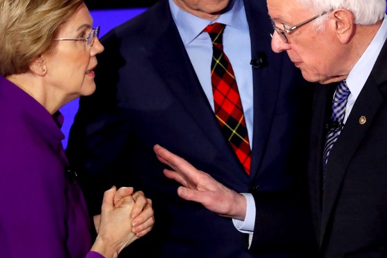 Image: Sen. Elizabeth Warren and Sen. Bernie Sanders speak after a Democratic presidential debate at Drake University in Des Moines, Iowa, on Jan. 14, 2019.