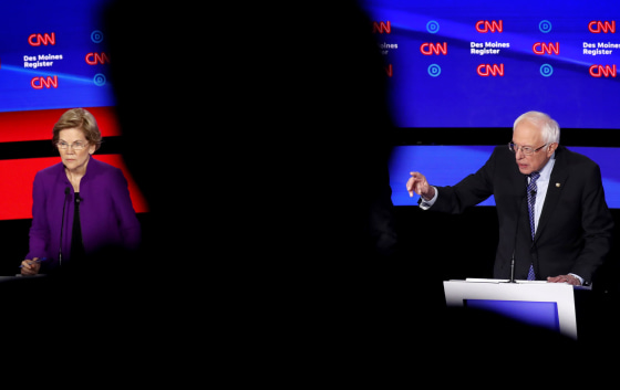 Image: Sen. Elizabeth Warren, D-Mass., and Sen. Bernie Sanders, I-VT, participate in a Democratic presidential debate in Des Moines, Iowa, on Jan. 14, 2020.