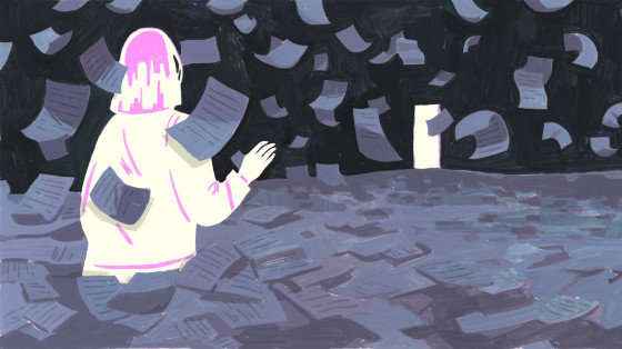Illustration of woman wading through a sea of paperwork toward a light.