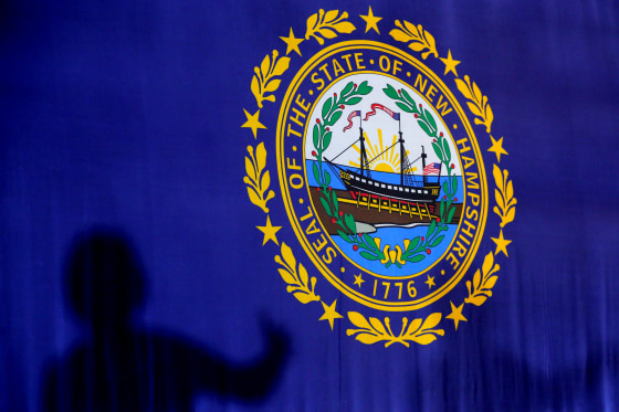 Image: Sen. Elizabeth Warren, D-Mass., casts a shadow on the New Hampshire flag while at a town hall meeting in Dover on Jan. 10, 2020.
