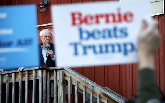 Image: Sen. Bernie Sanders, I-Vt., speaks at a campaign event in Des Moines, Iowa, on Feb. 2, 2020.