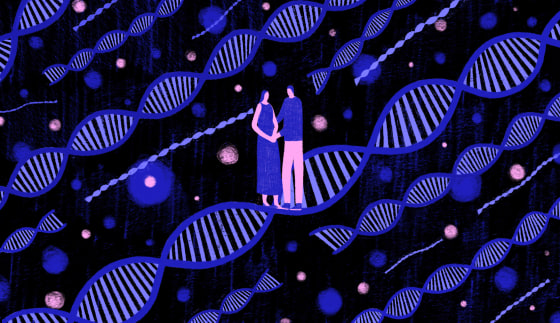 Illustration of a couple holding each other, while genes float in the background.