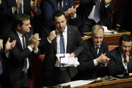 Image: Opposition populist leader Matteo Salvini speaks at the end of the debate at the Italian Senate.